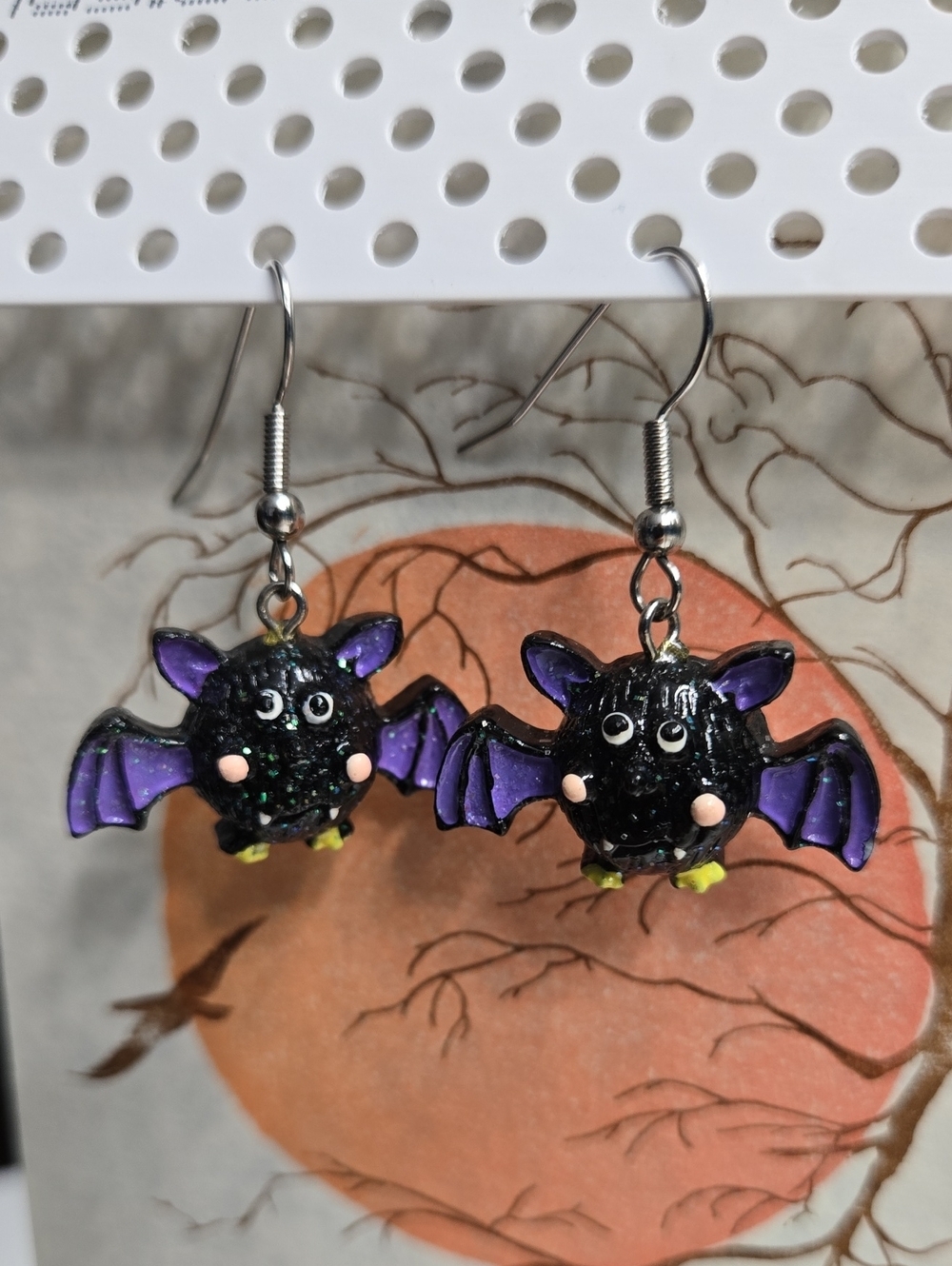Whimsical Black & Purple Bat Dangle Earrings